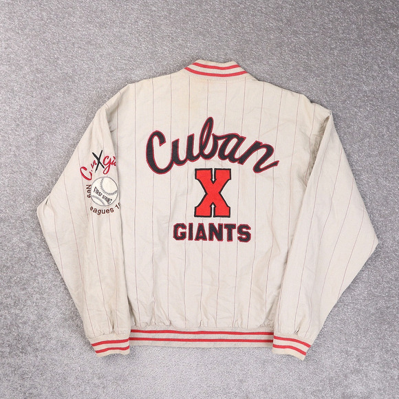 Vintage 90s Mirage Cuban Giants Baseball Large Beige Bomber Jacket - Picture 5 of 14